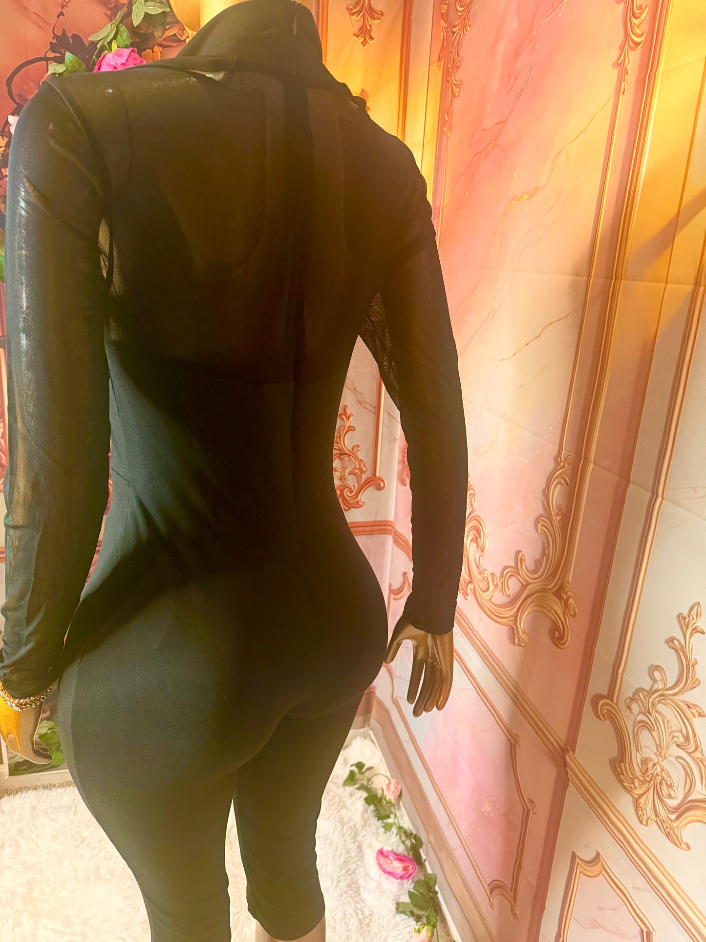 Black Deep Plunge Sheer Sleeve Bodycon Capri Jumpsuit