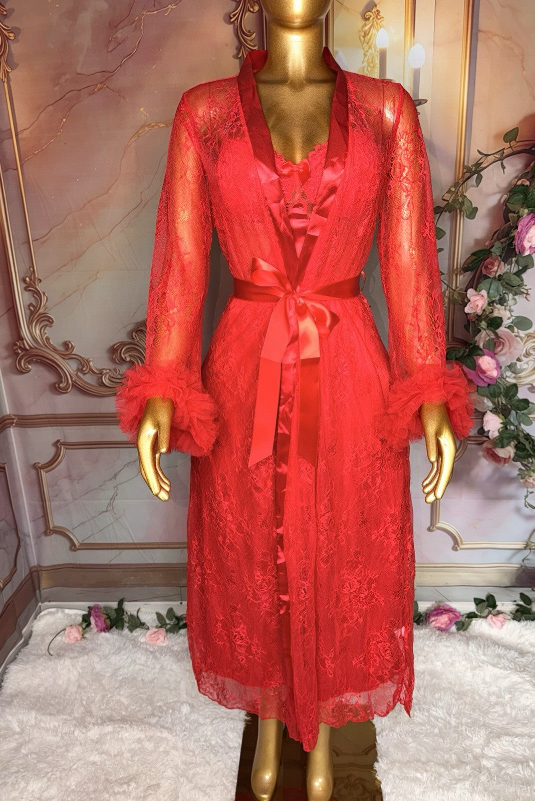 Romantic Red Satin Gown & Lace Robe Lingerie Set – Size M