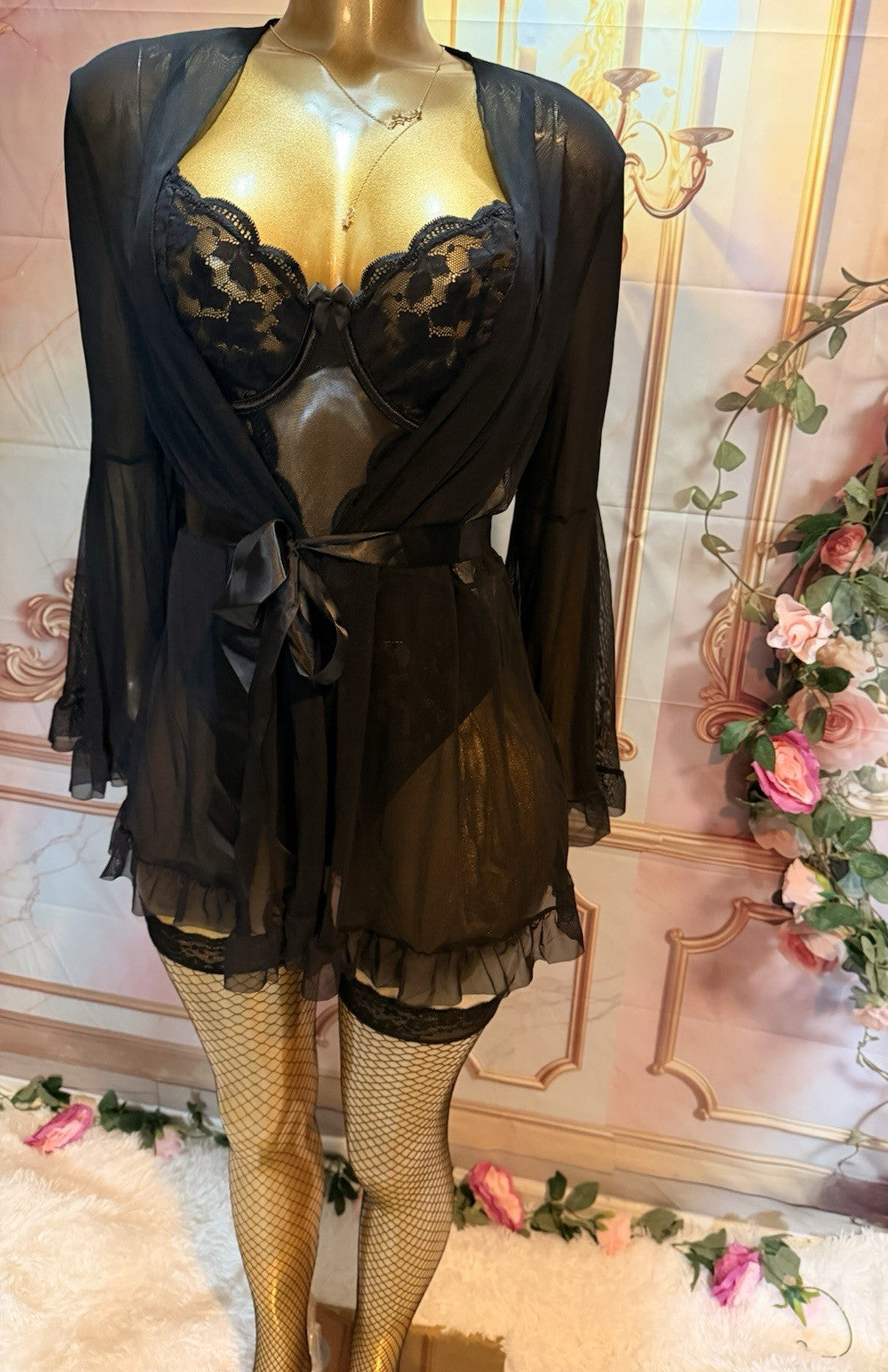 Midnight Romance Black Lace 3-Piece Lingerie Set – Size L
