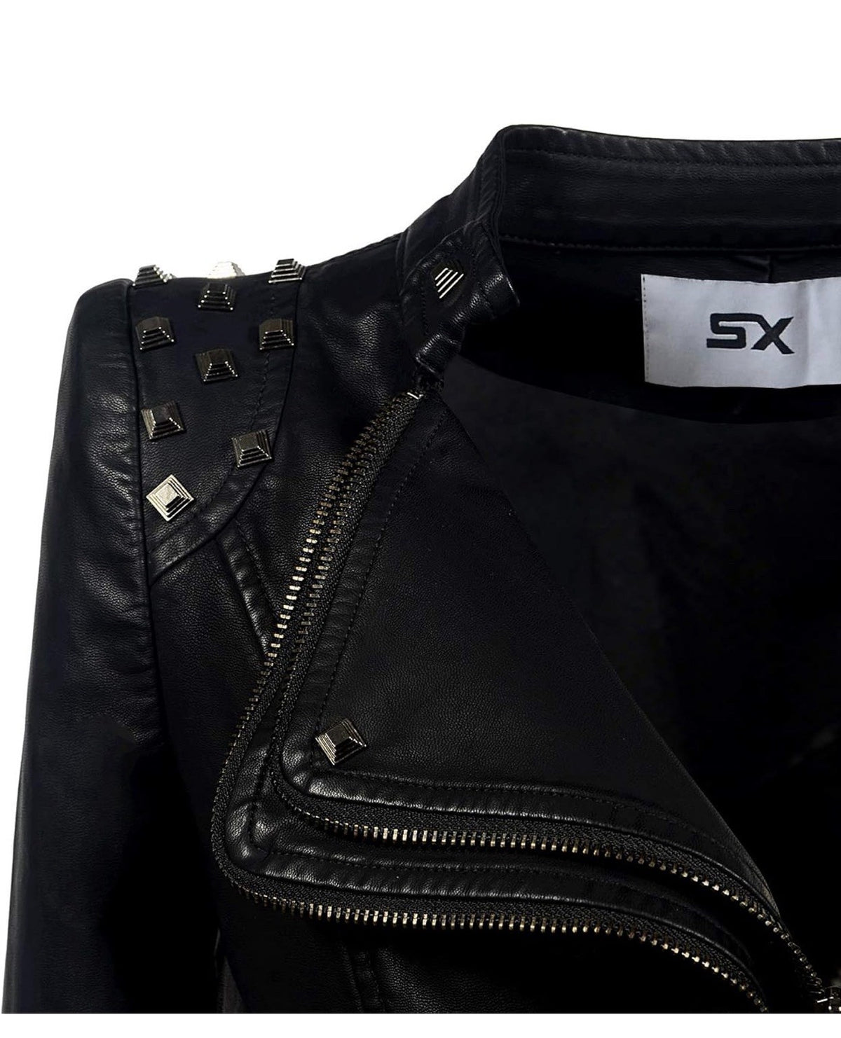 Women’s Black Studded Faux Leather Moto Jacket – Fitted Double-Zip Biker Jacket