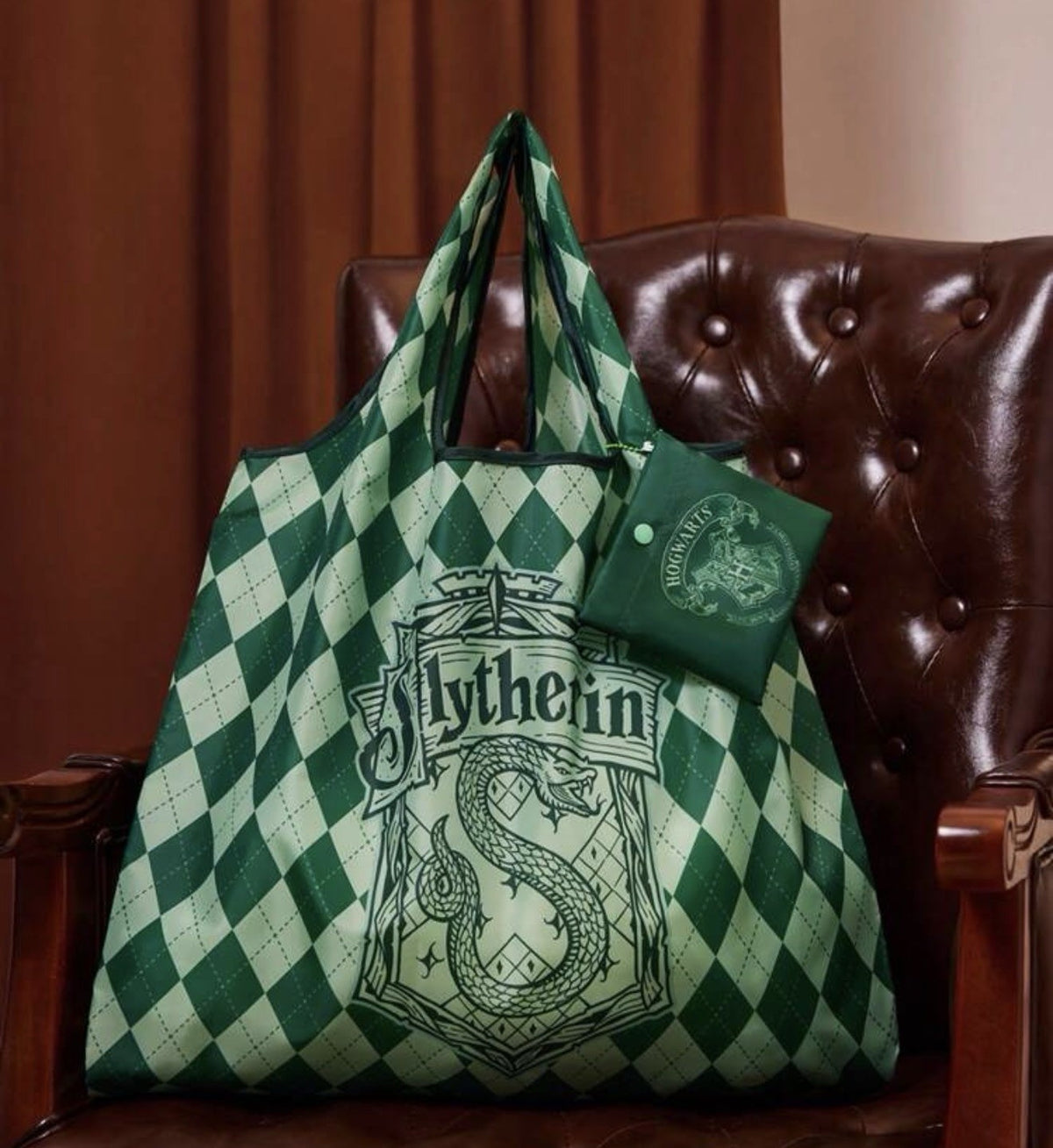 Harry Potter Slytherin Argyle Foldable Tote Bag with Matching Pouch – Green