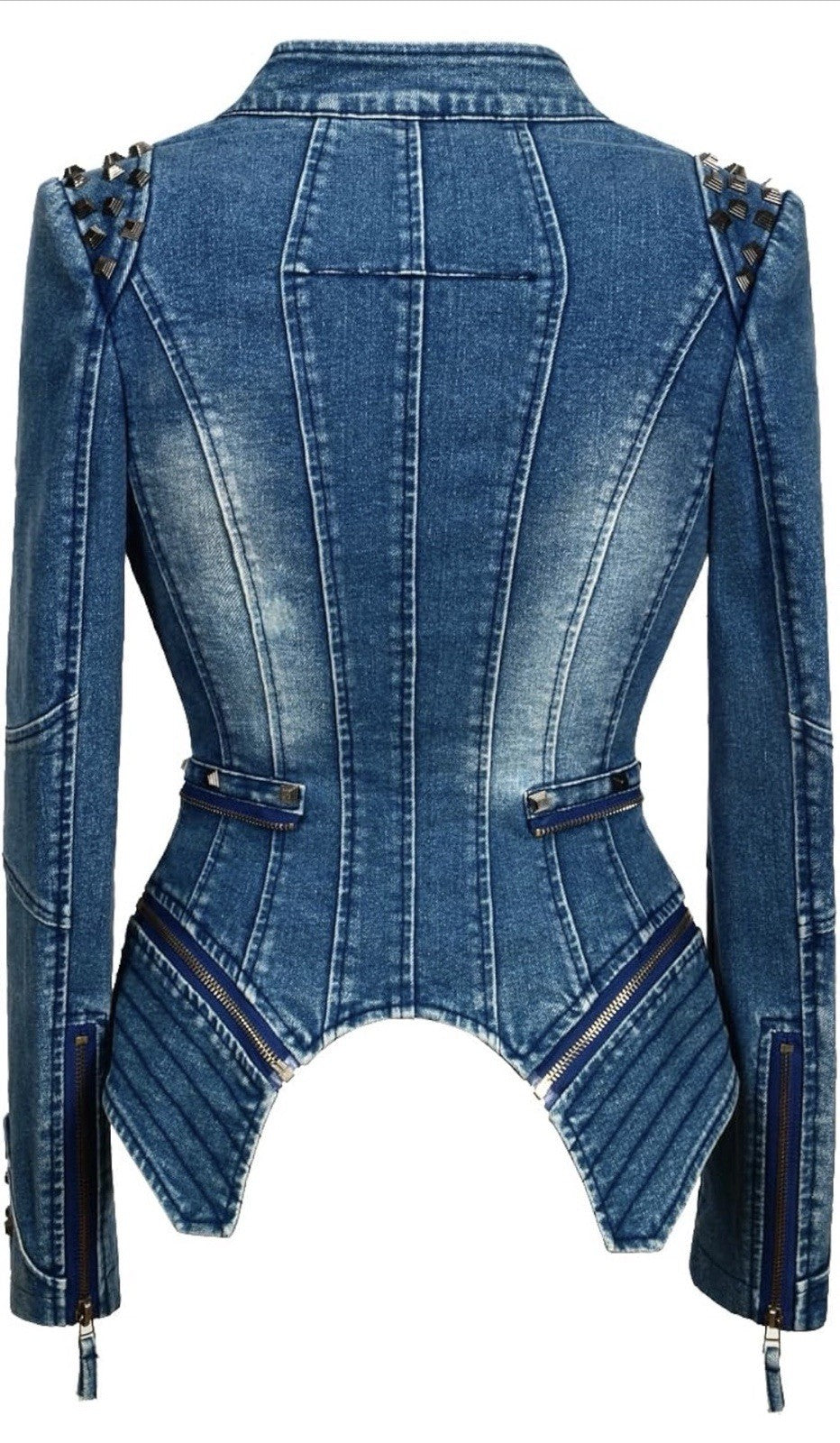 Women’s Studded Denim Moto Jacket – Fitted Double-Zip Y2K Biker Jacket