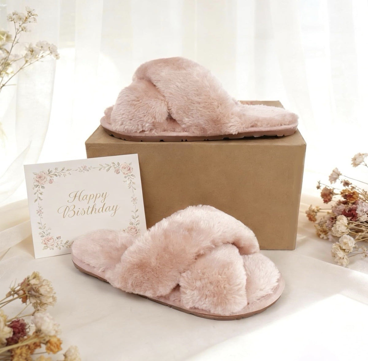 Blush Pink Plush Fuzzy Cross-Band Memory Foam Slippers – Cozy & Luxe SIZE 7/8