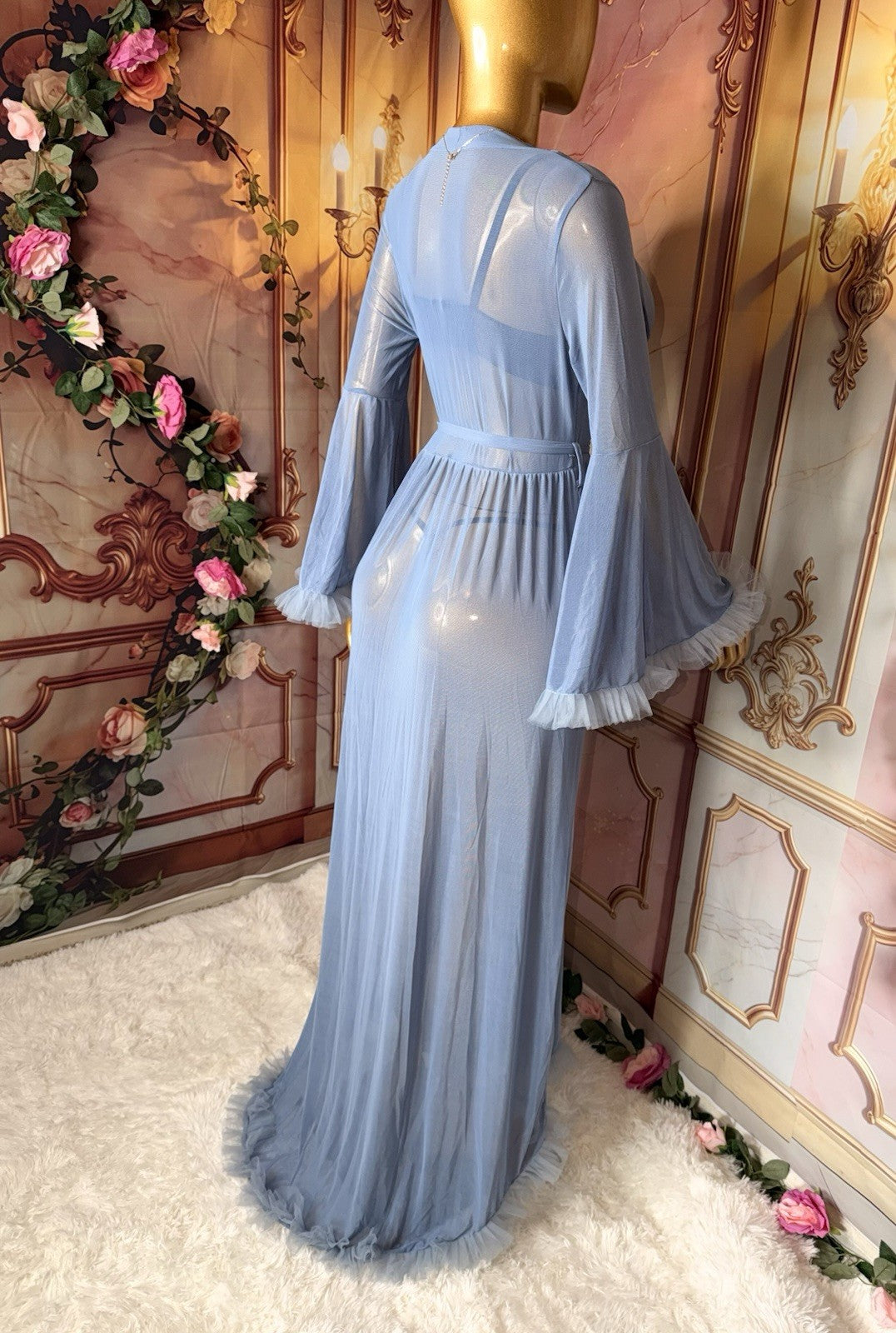 Women’s Blue Sheer Chiffon Kimono Robe V-Neck Tie Waist Ruffle Trim M
