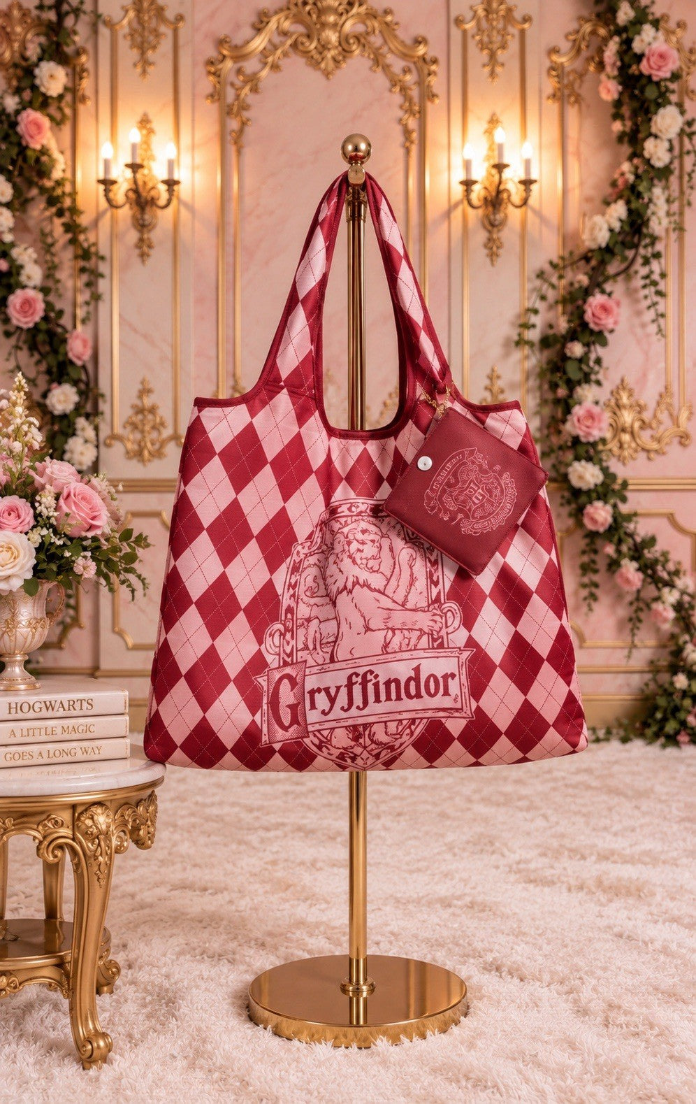 Harry Potter Gryffindor Argyle Foldable Tote Bag with Matching Pouch – Burgundy