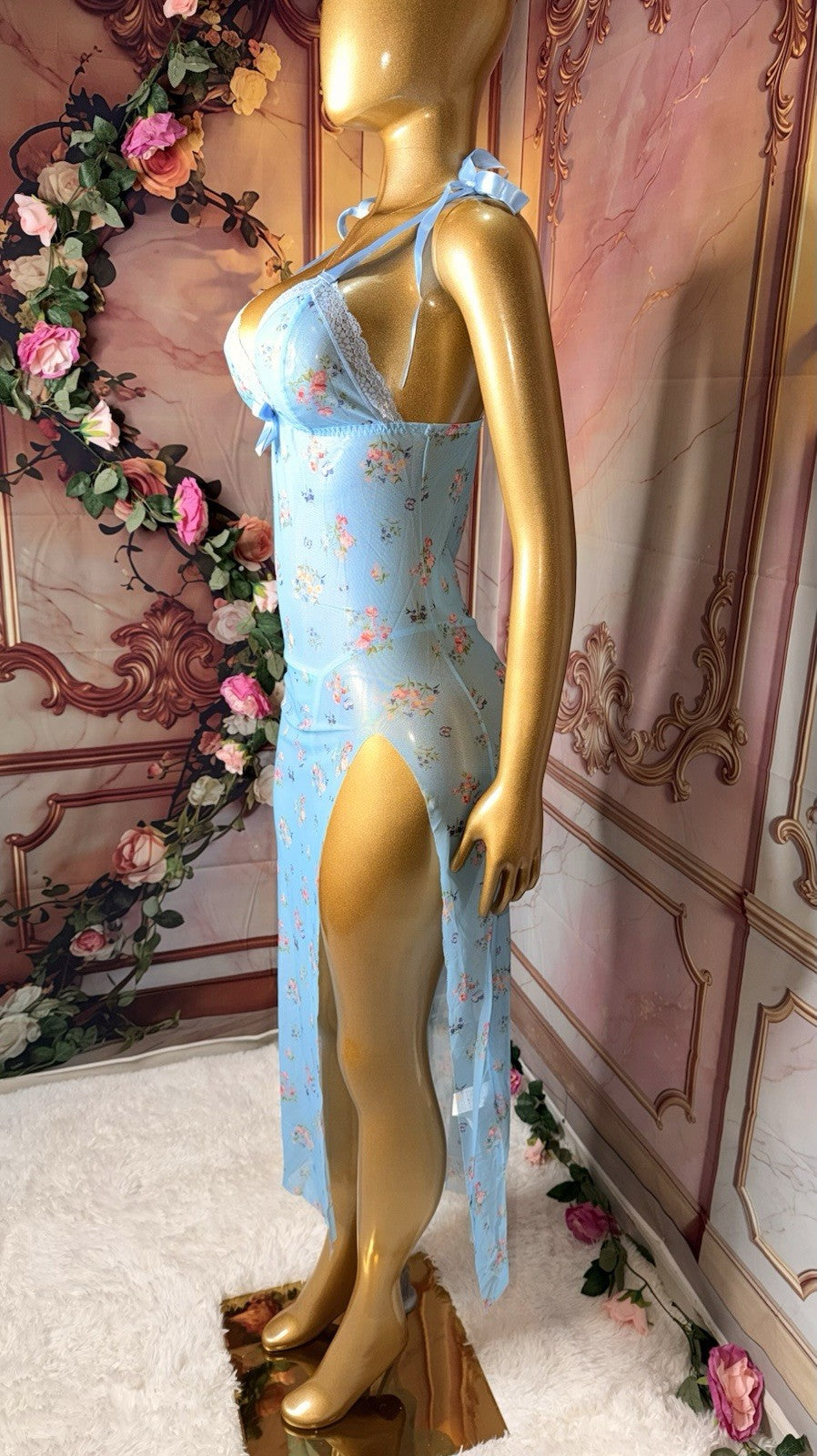 Blue Belle Floral Sheer Lace Gown & Matching Underwear Set