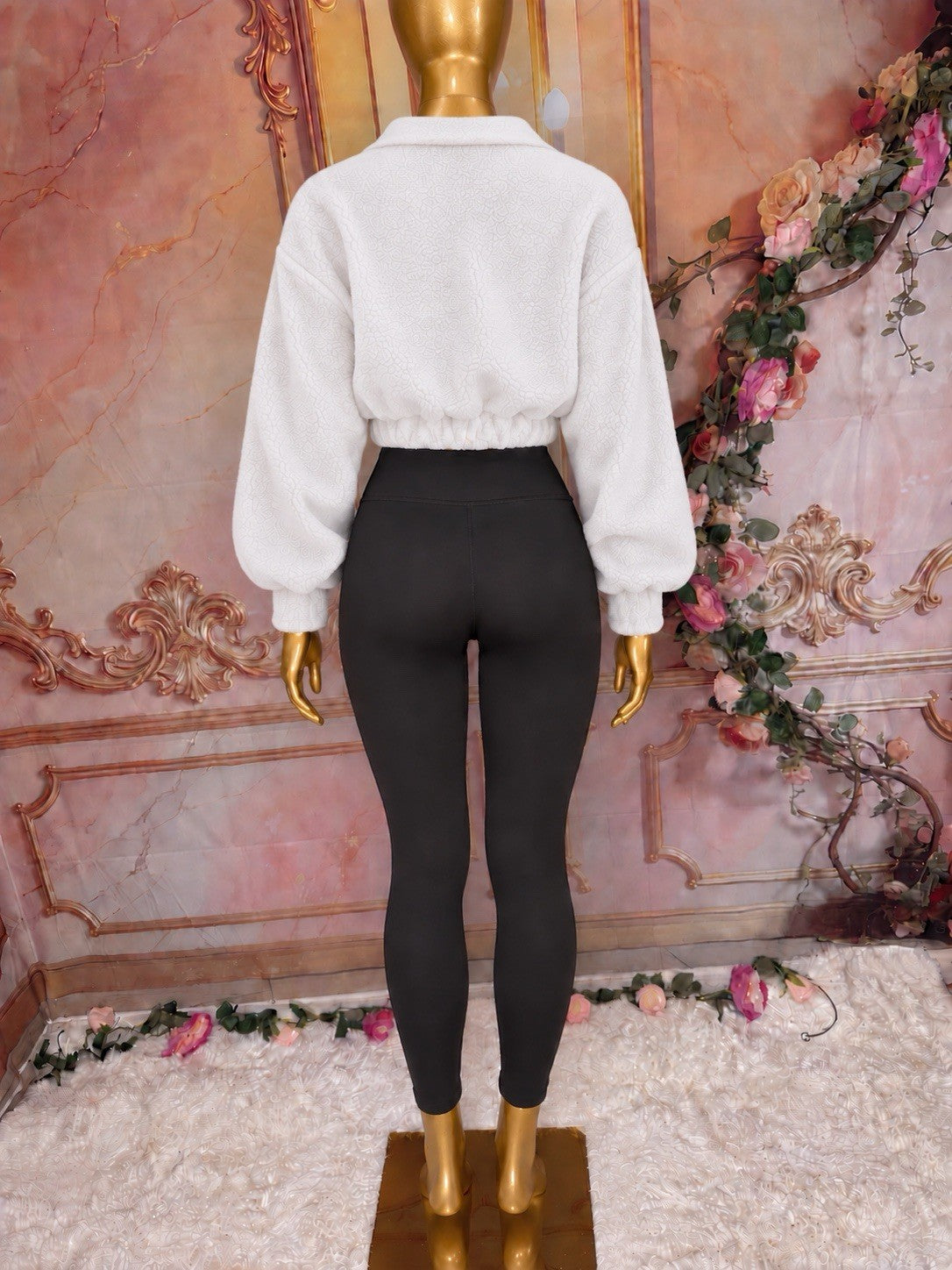 White Teddy Fleece Cropped Half-Zip Pullover – Cozy Chic Sweater(XL)