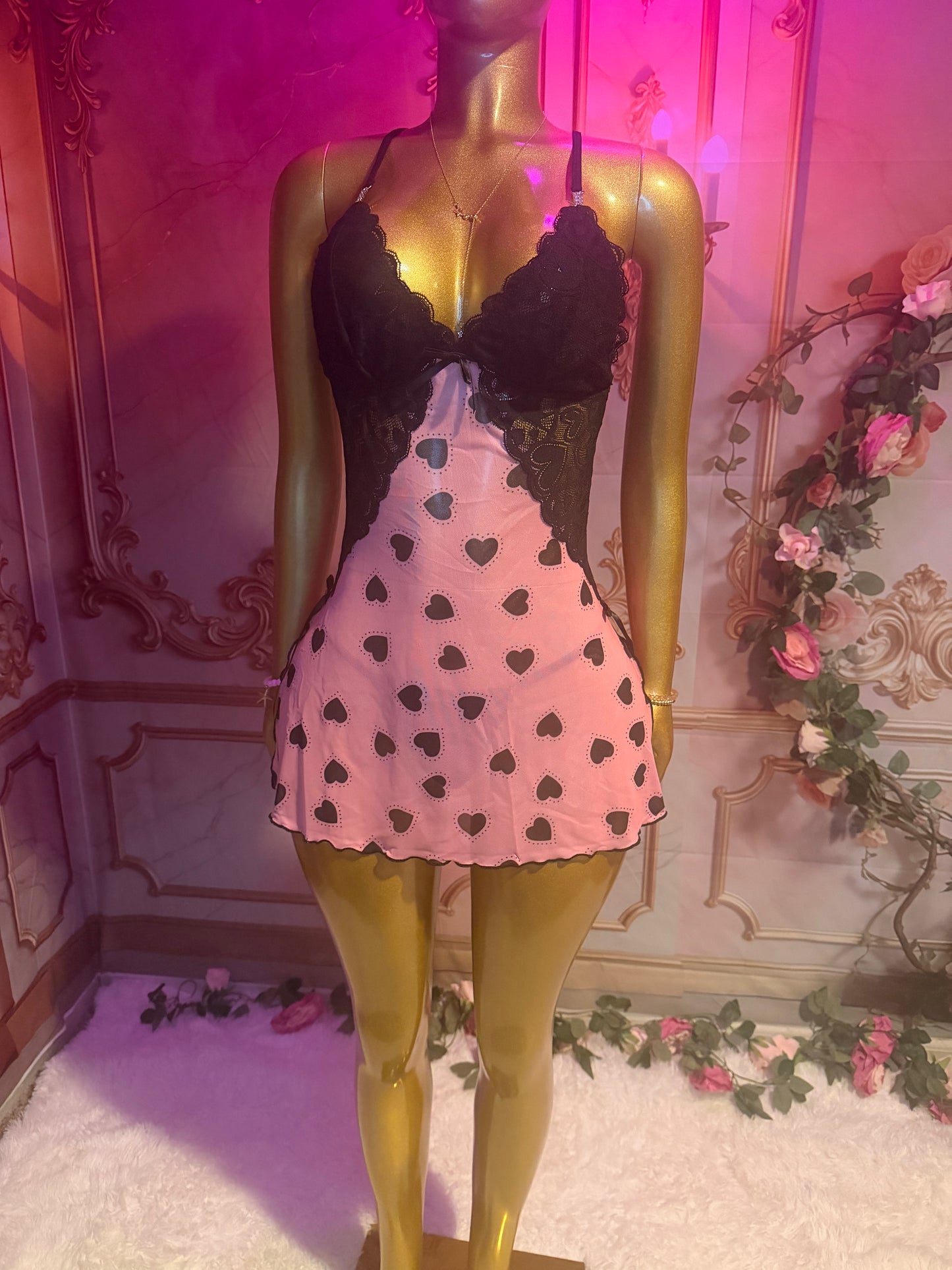 Pink & Black Heart Lace Babydoll Lingerie Dress + Ruffle Robe 2-Piece Set