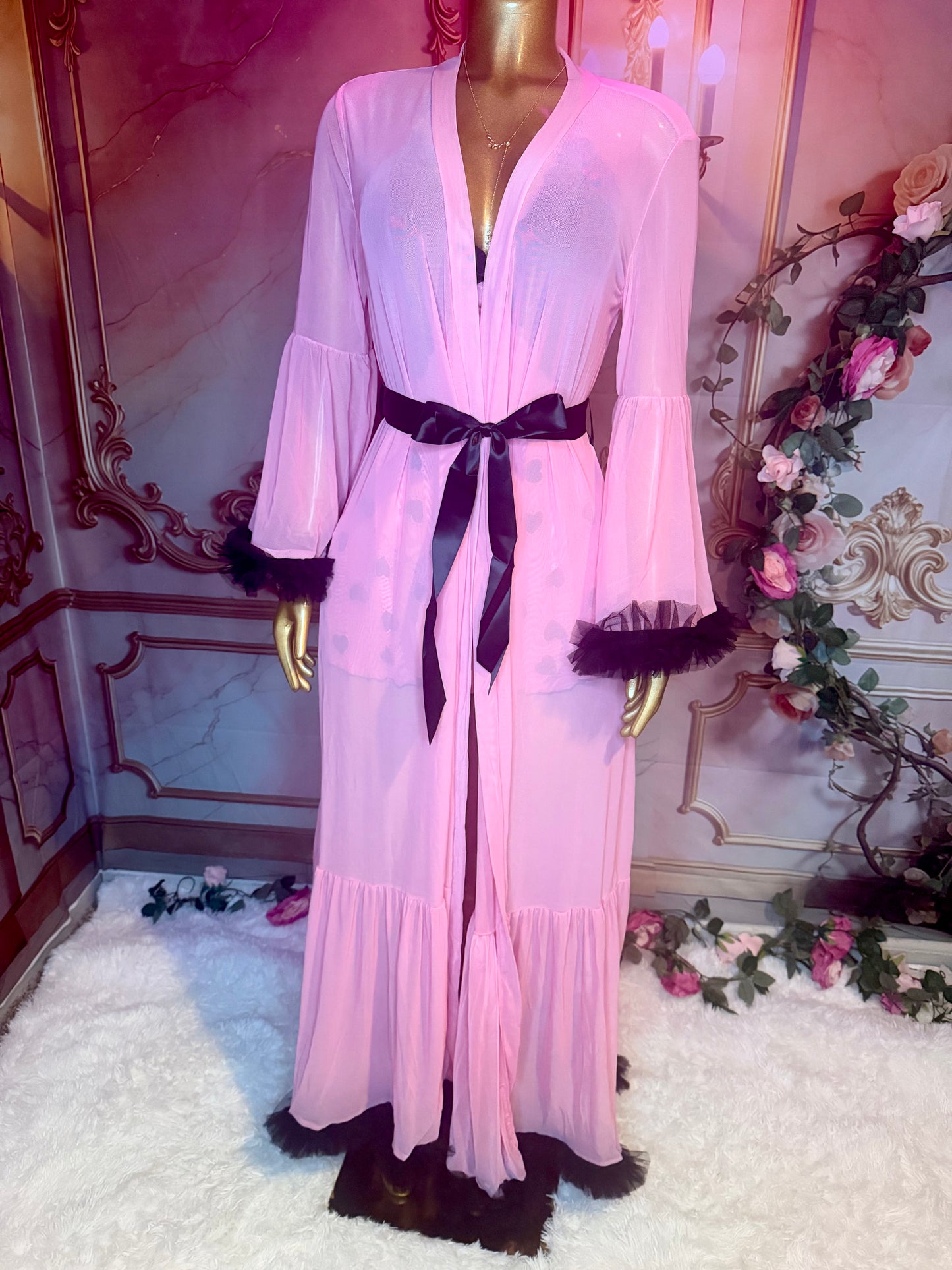 Pink & Black Heart Lace Babydoll Lingerie Dress + Ruffle Robe 2-Piece Set