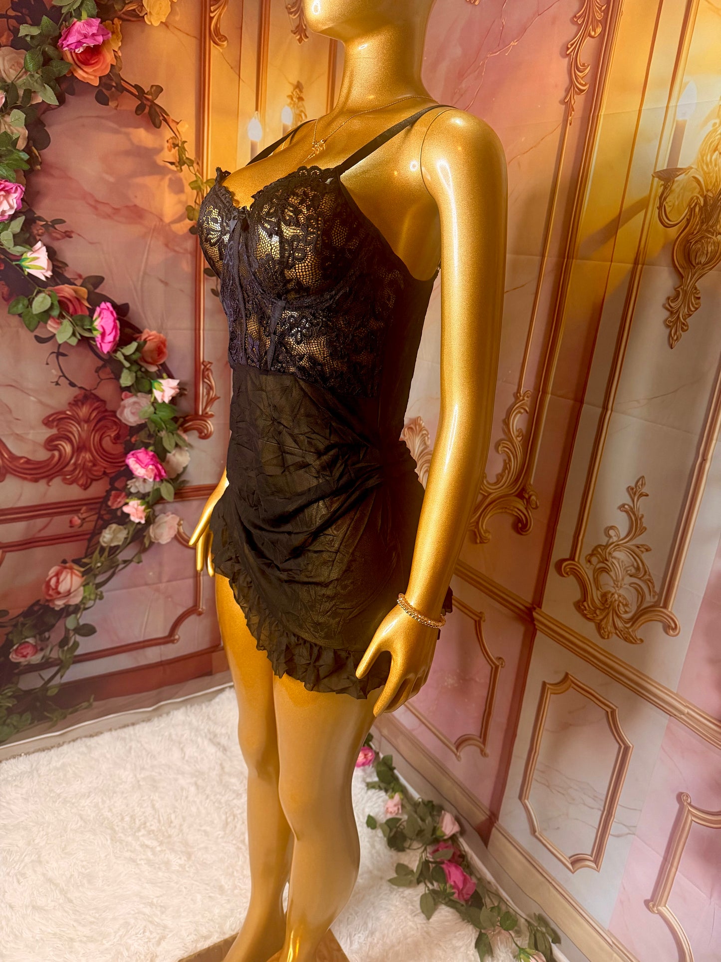 Black Floral Lace Ruched Babydoll & Thong Set