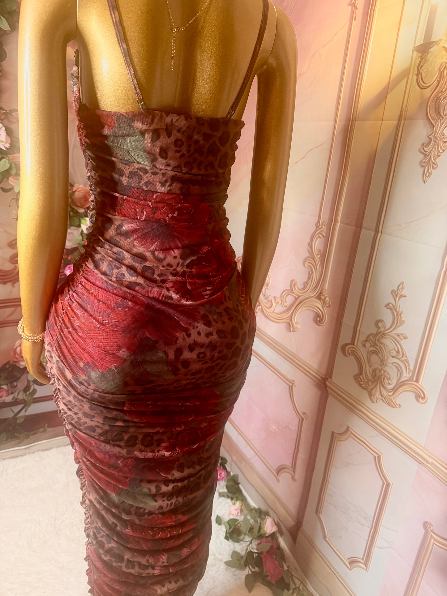 Floral Leopard Print Ruched Mesh Bodycon Maxi Dress – Spaghetti Strap
