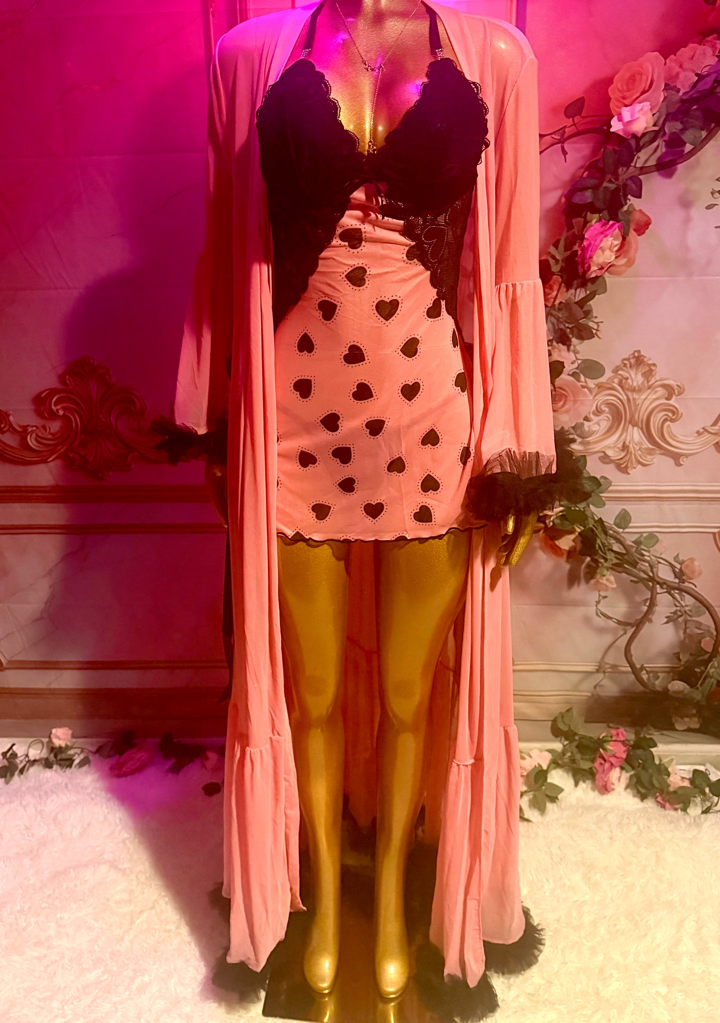 Pink & Black Heart Lace Babydoll Lingerie Dress + Ruffle Robe 2-Piece Set
