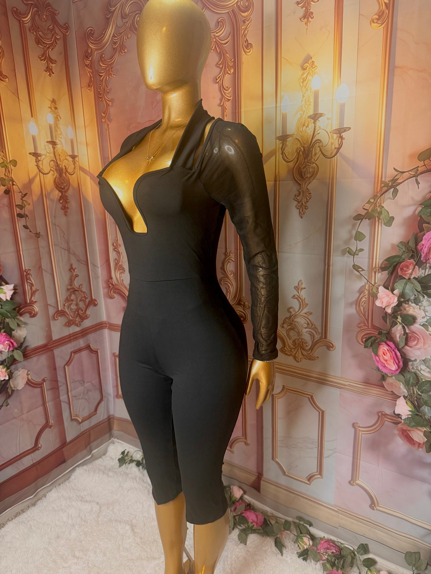 Black Deep Plunge Sheer Sleeve Bodycon Capri Jumpsuit