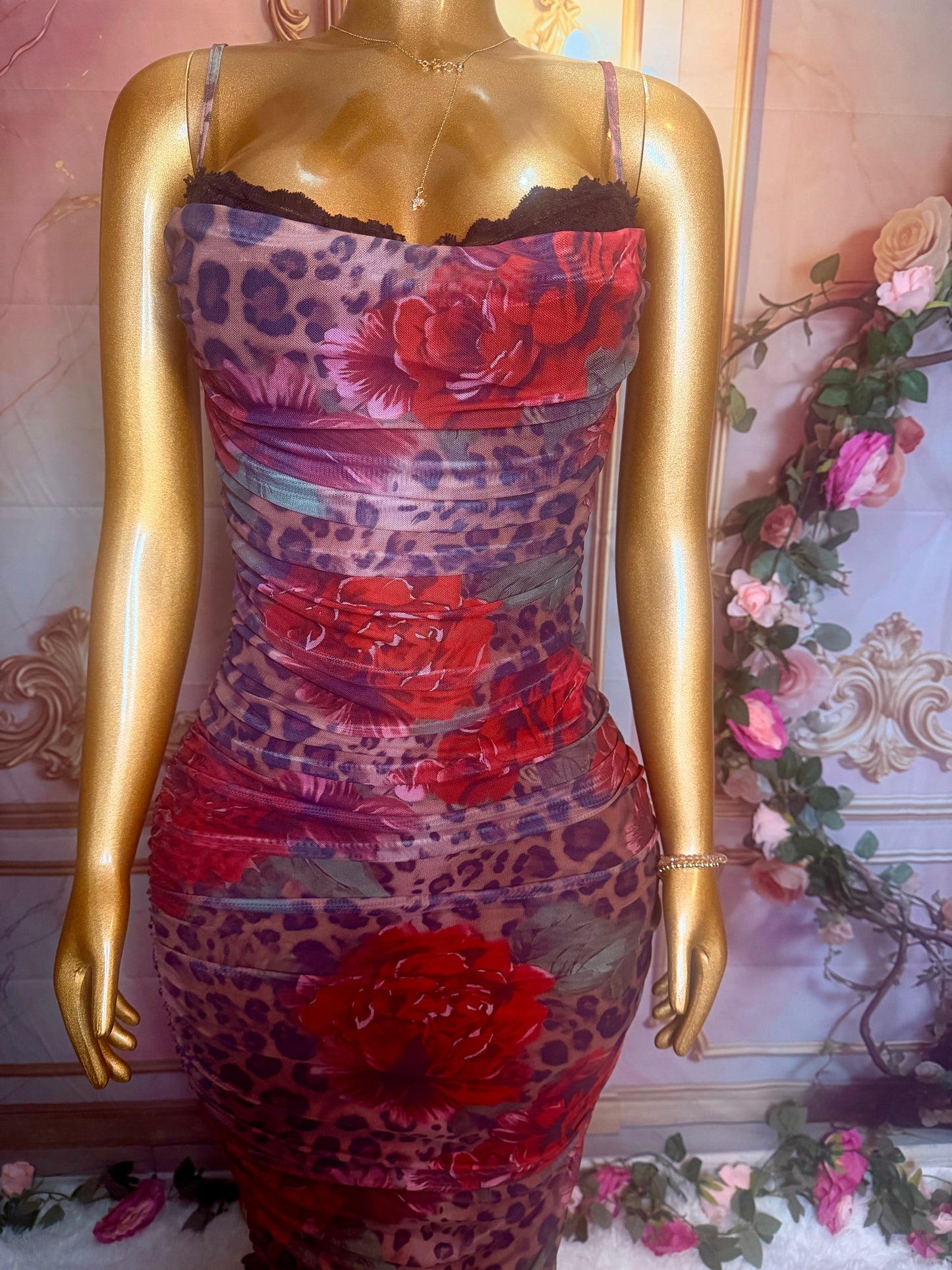 Floral Leopard Print Ruched Mesh Bodycon Maxi Dress – Spaghetti Strap