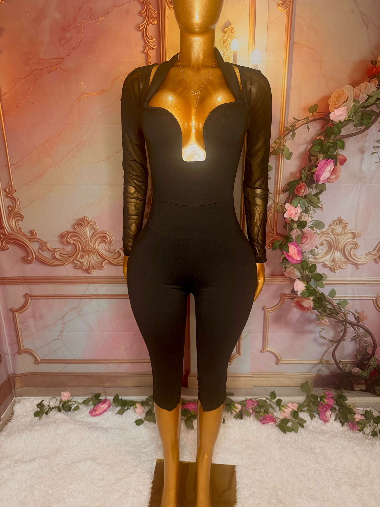 Black Deep Plunge Sheer Sleeve Bodycon Capri Jumpsuit