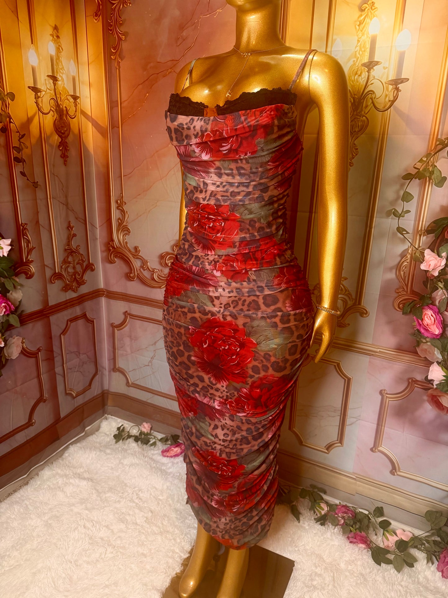 Floral Leopard Print Ruched Mesh Bodycon Maxi Dress – Spaghetti Strap
