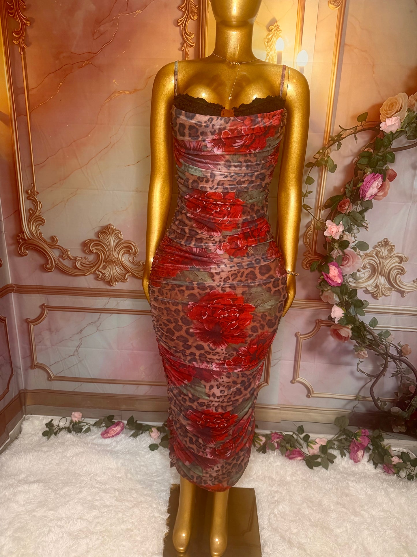 Floral Leopard Print Ruched Mesh Bodycon Maxi Dress – Spaghetti Strap