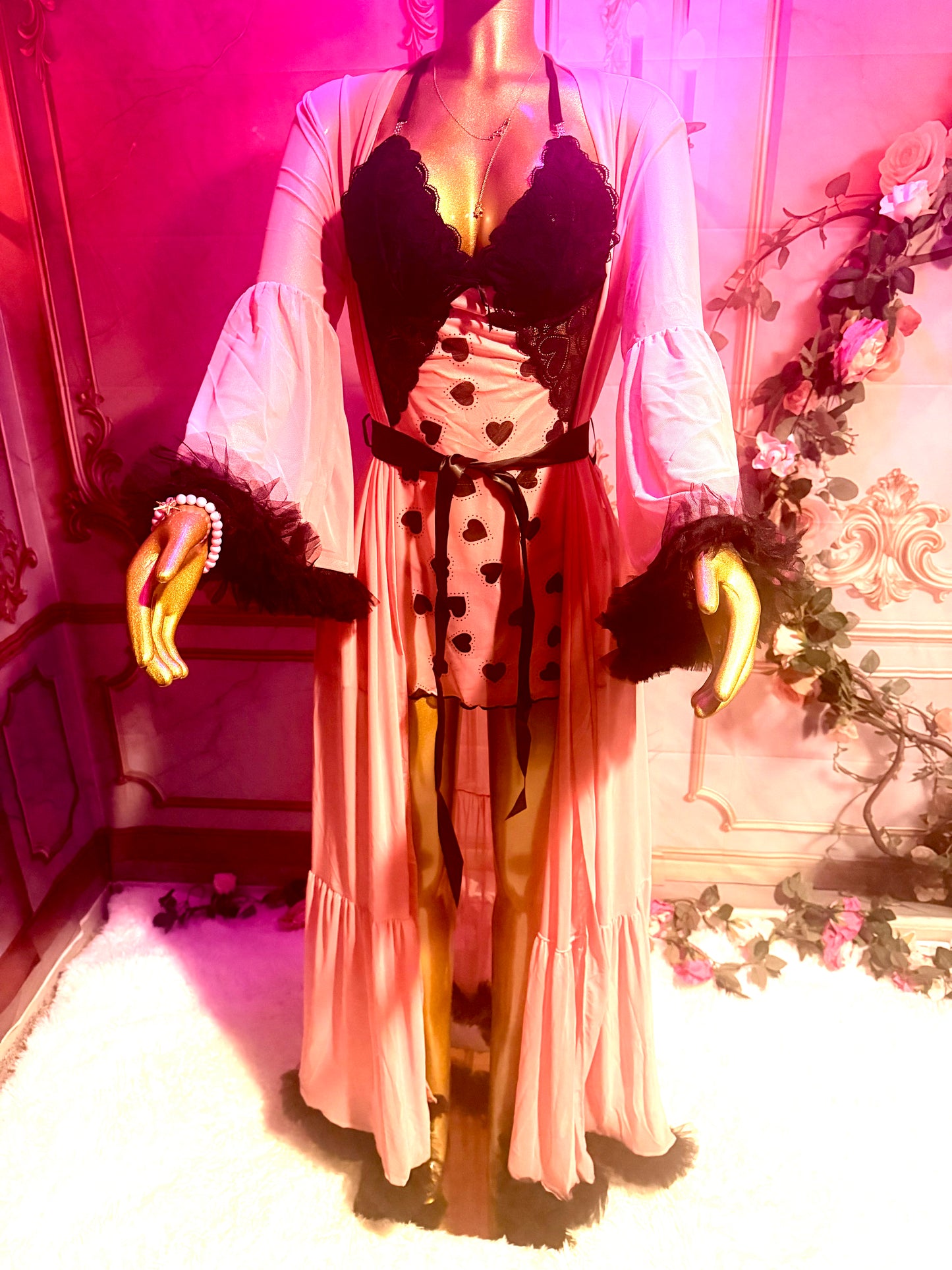 Pink & Black Heart Lace Babydoll Lingerie Dress + Ruffle Robe 2-Piece Set