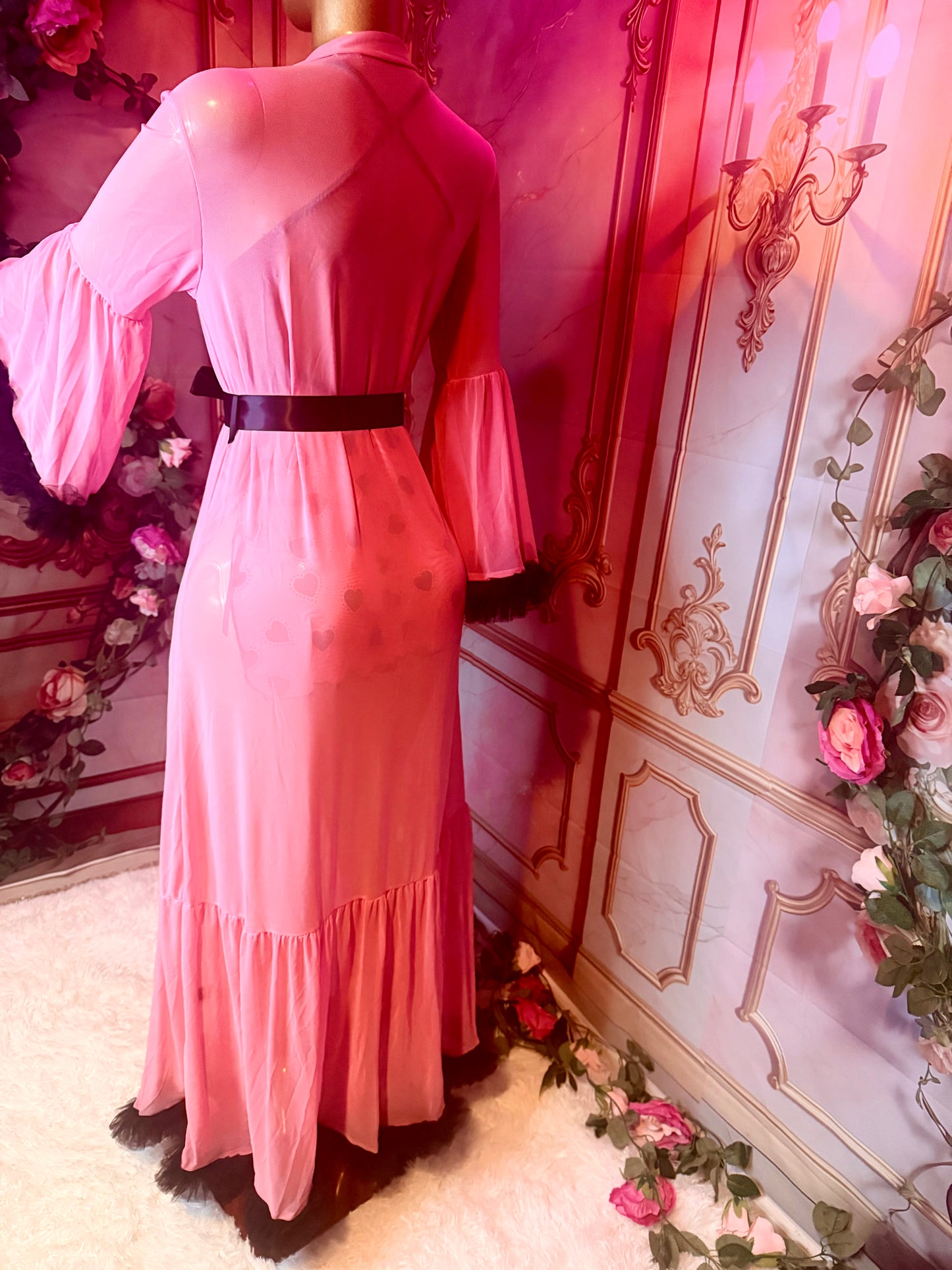 Pink & Black Heart Lace Babydoll Lingerie Dress + Ruffle Robe 2-Piece Set