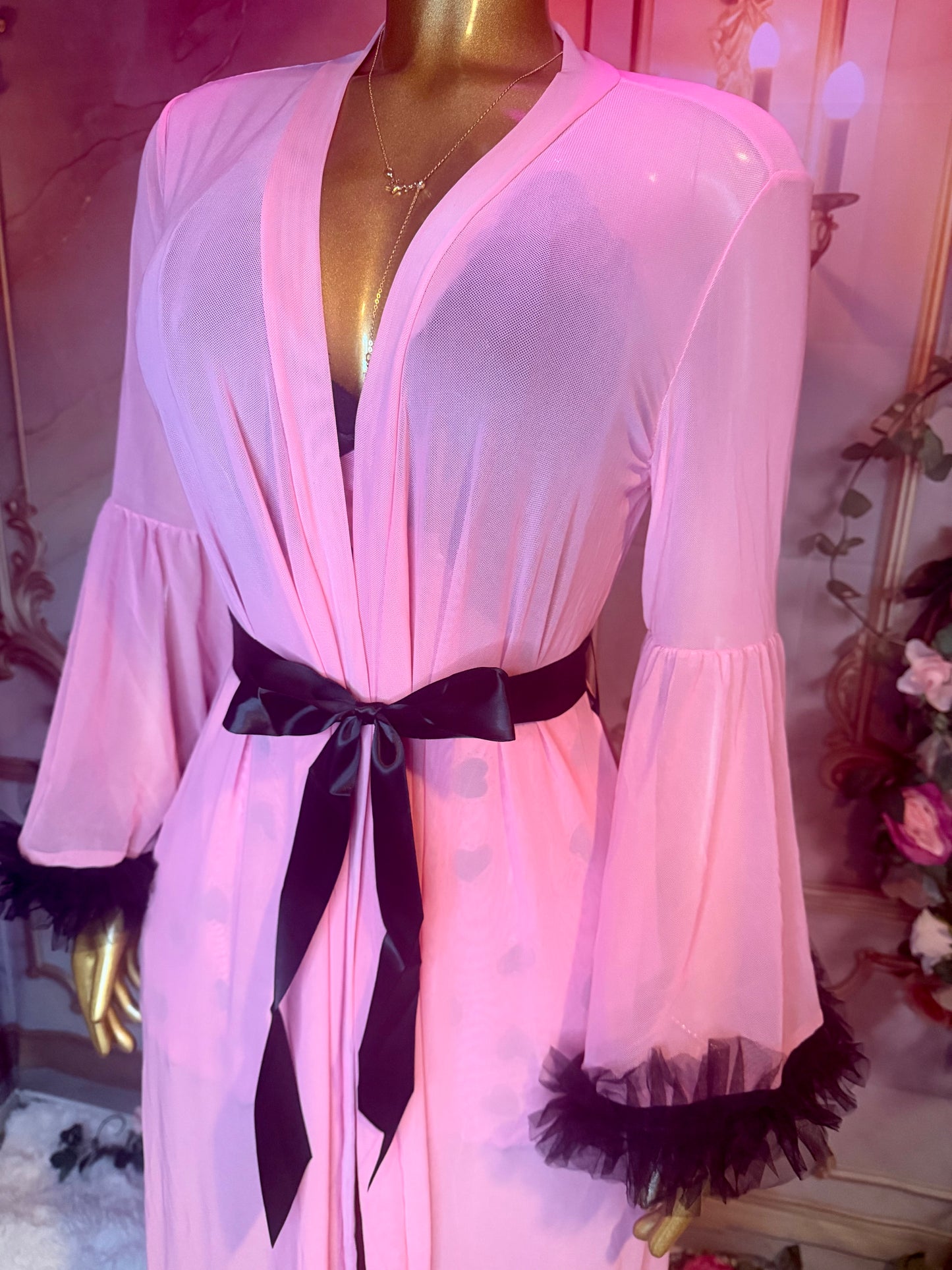 Pink & Black Heart Lace Babydoll Lingerie Dress + Ruffle Robe 2-Piece Set