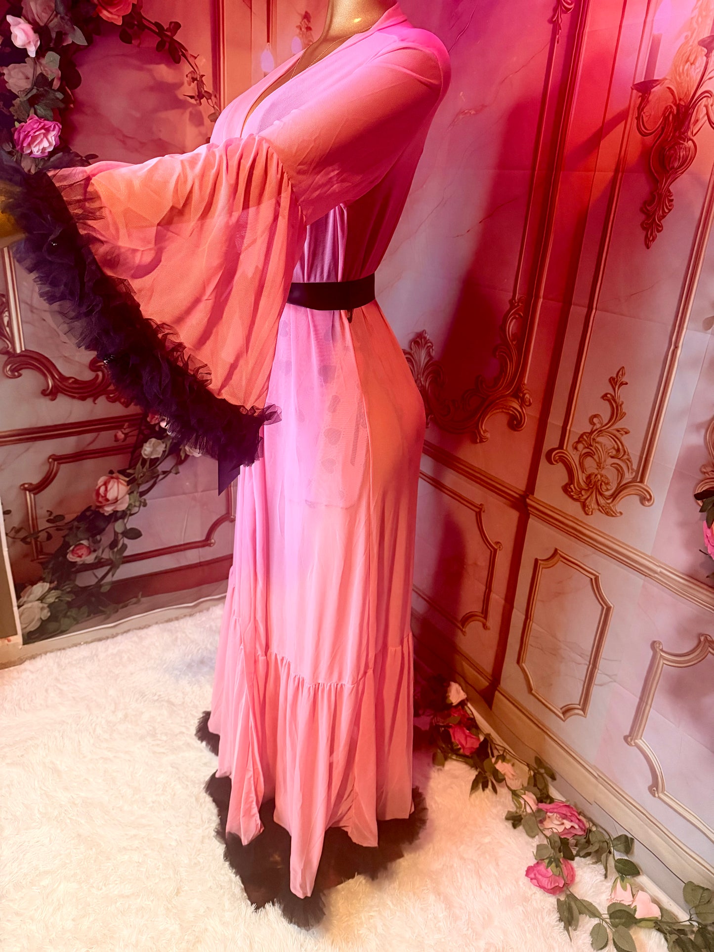 Pink & Black Heart Lace Babydoll Lingerie Dress + Ruffle Robe 2-Piece Set