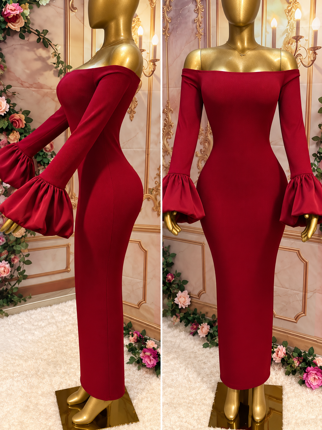 Burgundy Off-Shoulder Bodycon Maxi Dress with Dramatic Satin Bell Sleeves