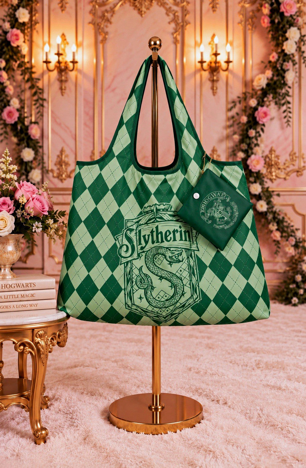 Harry Potter Slytherin Argyle Foldable Tote Bag with Matching Pouch – Green