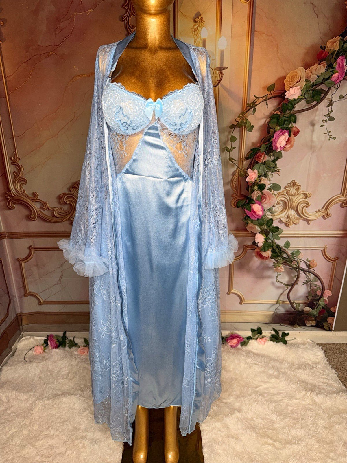 Romantic Baby Blue Satin Gown & Lace Robe Lingerie Set – Size M