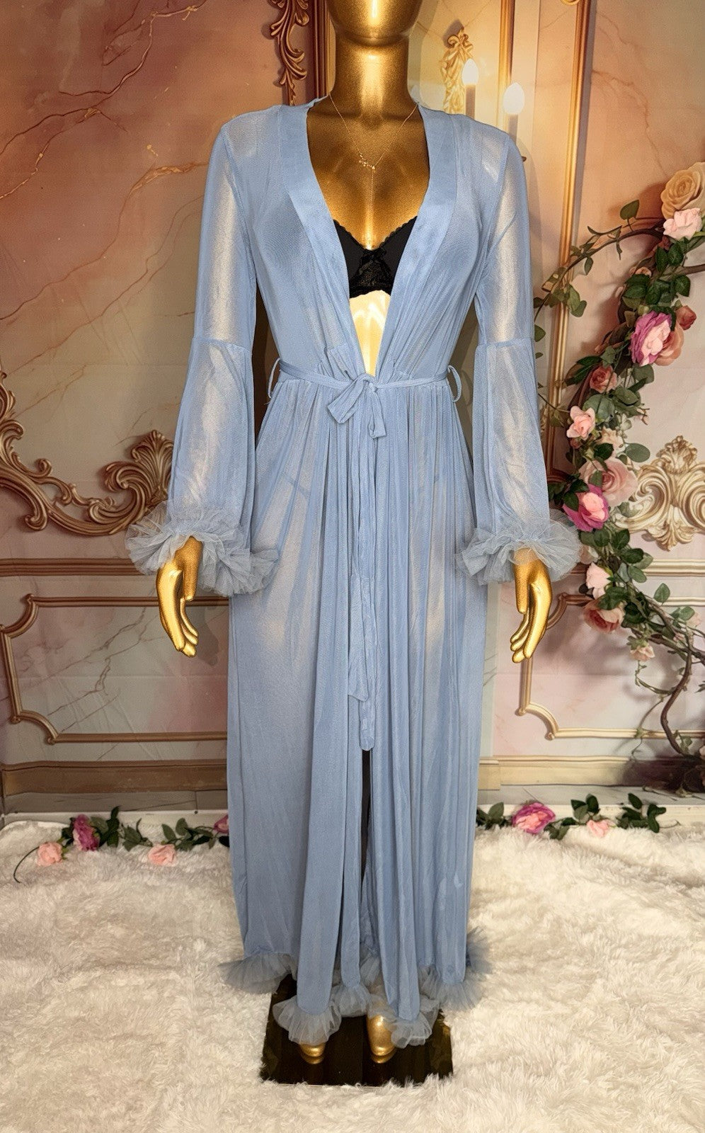 Romantic Powder Blue Sheer Maxi Robe (M) & Plush Bow Slippers(8) Set