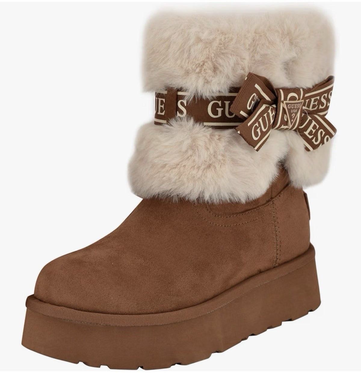 GUESS Denla Brown Platform Boots 🤎 Cream Faux Fur & Logo Bows – Size 8
