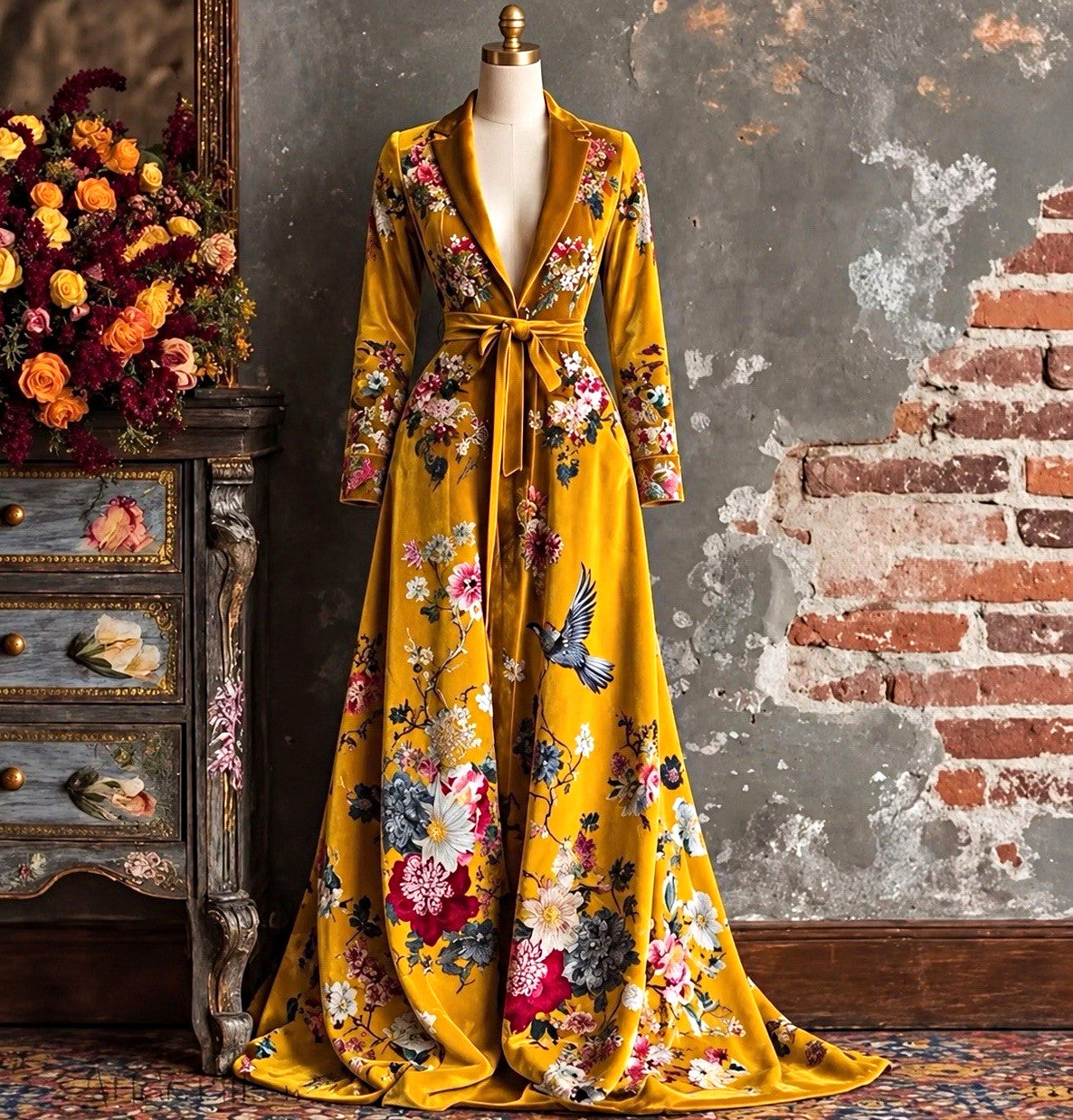 Elegant Mustard Yellow Floral Maxi Gown – Deep V-Neck Belted Long Sleeve Stateme