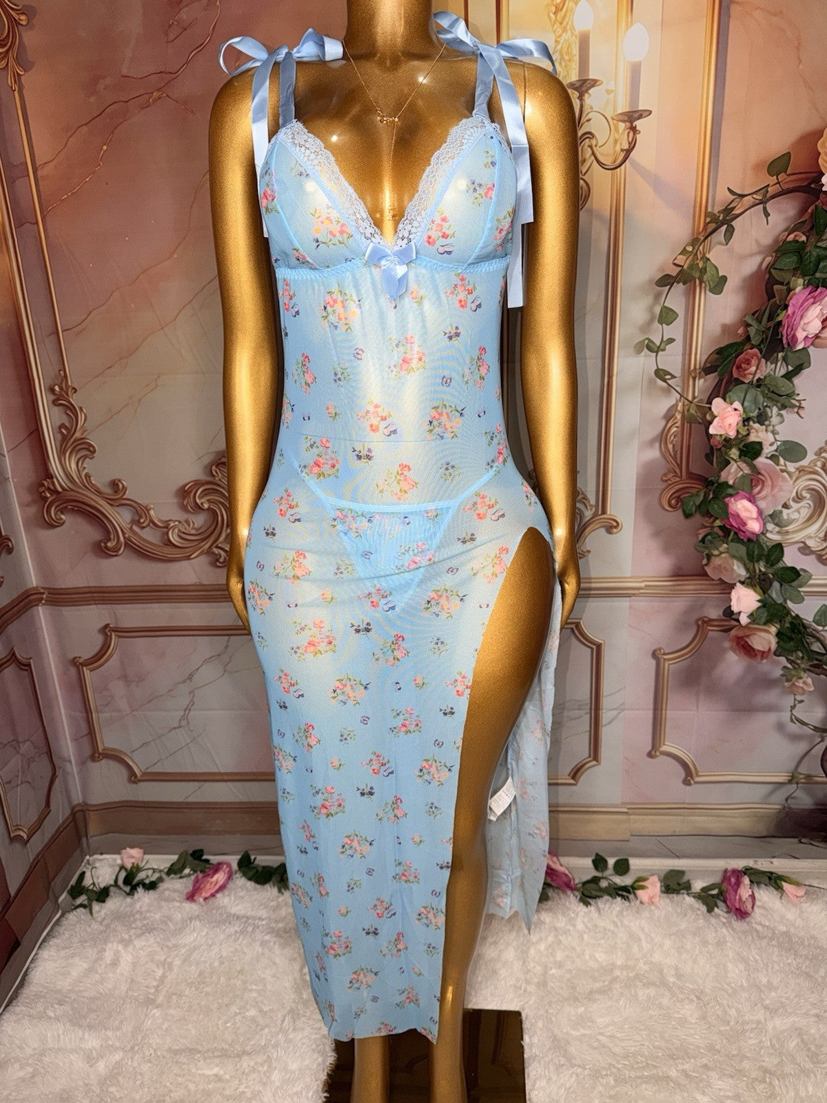 Blue Belle Floral Sheer Lace Gown & Matching Underwear Set