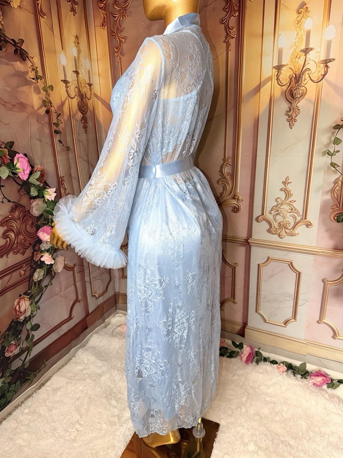 Romantic Baby Blue Satin Gown & Lace Robe Lingerie Set – Size M