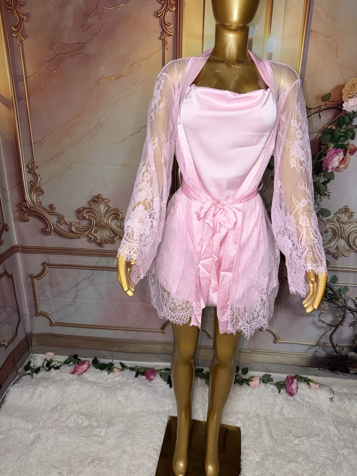 Blush Elegance Pink Satin Slip Gown & Sheer Floral Lace Robe Set