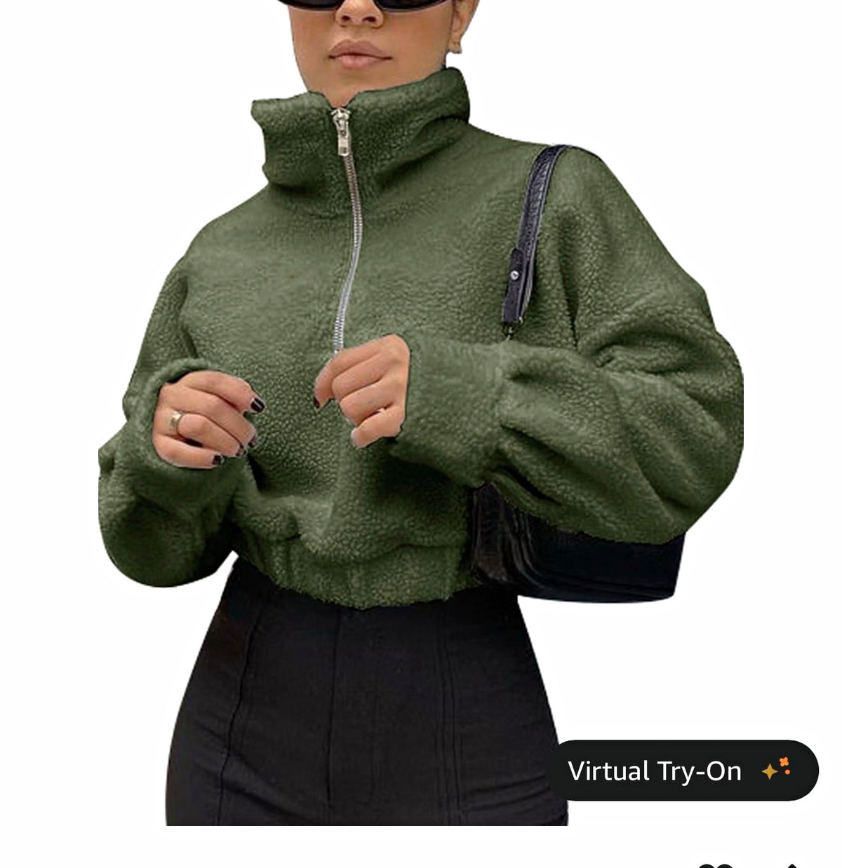 (XL) Comfy Army Green Teddy Fleece Cropped Half-Zip Pullover – Cozy Chic