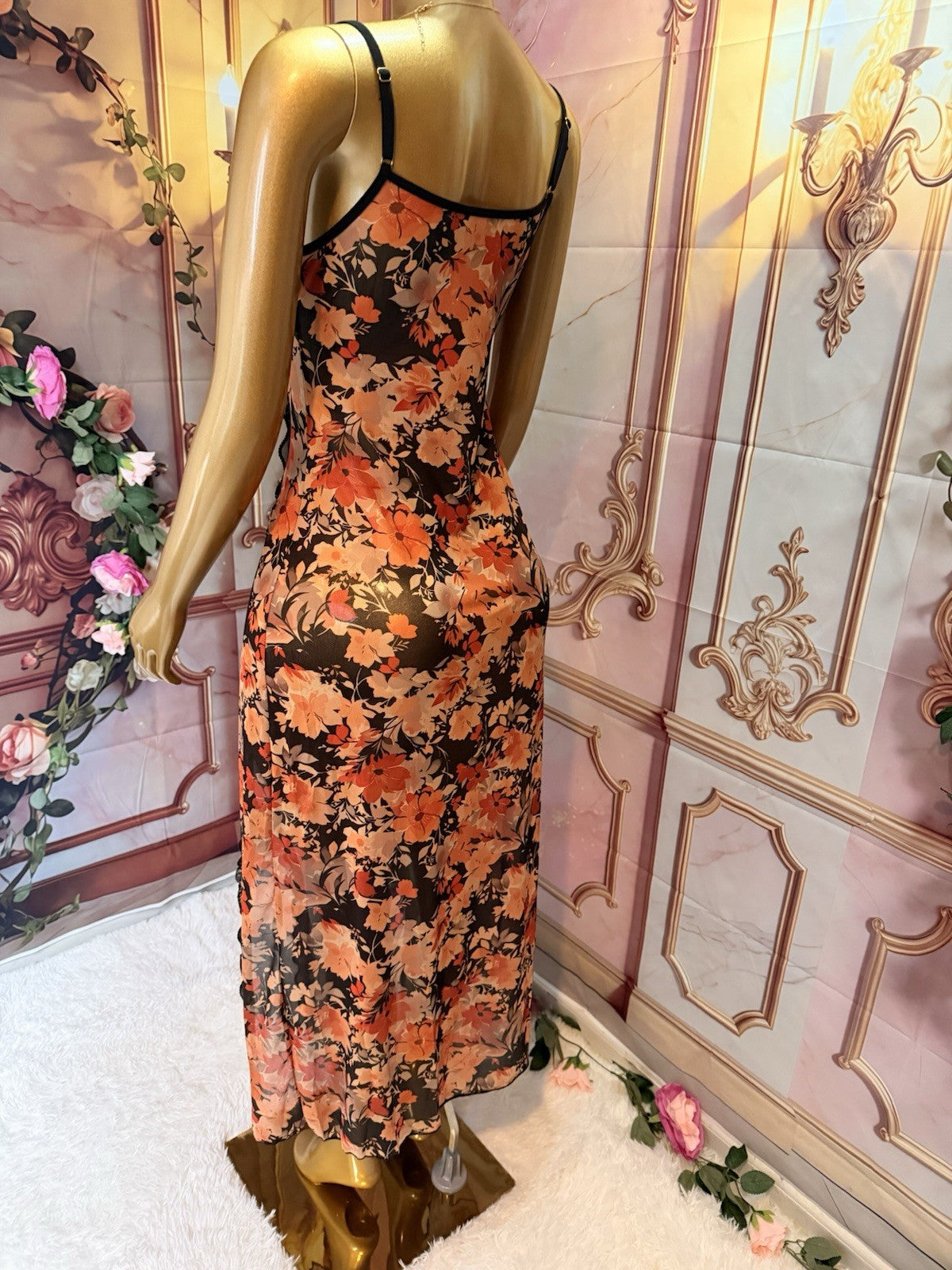 Midnight Bloom Black & Peach Floral Lace Double-Slit Gown