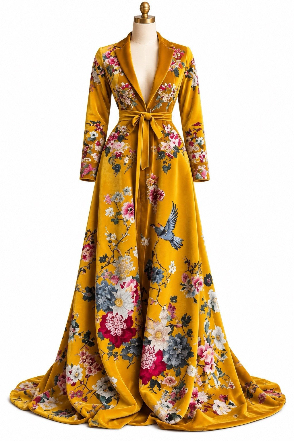 Elegant Mustard Yellow Floral Maxi Gown – Deep V-Neck Belted Long Sleeve Stateme