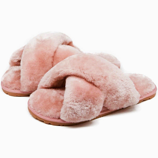 Blush Pink Plush Fuzzy Cross-Band Memory Foam Slippers – Cozy & Luxe SIZE 7/8
