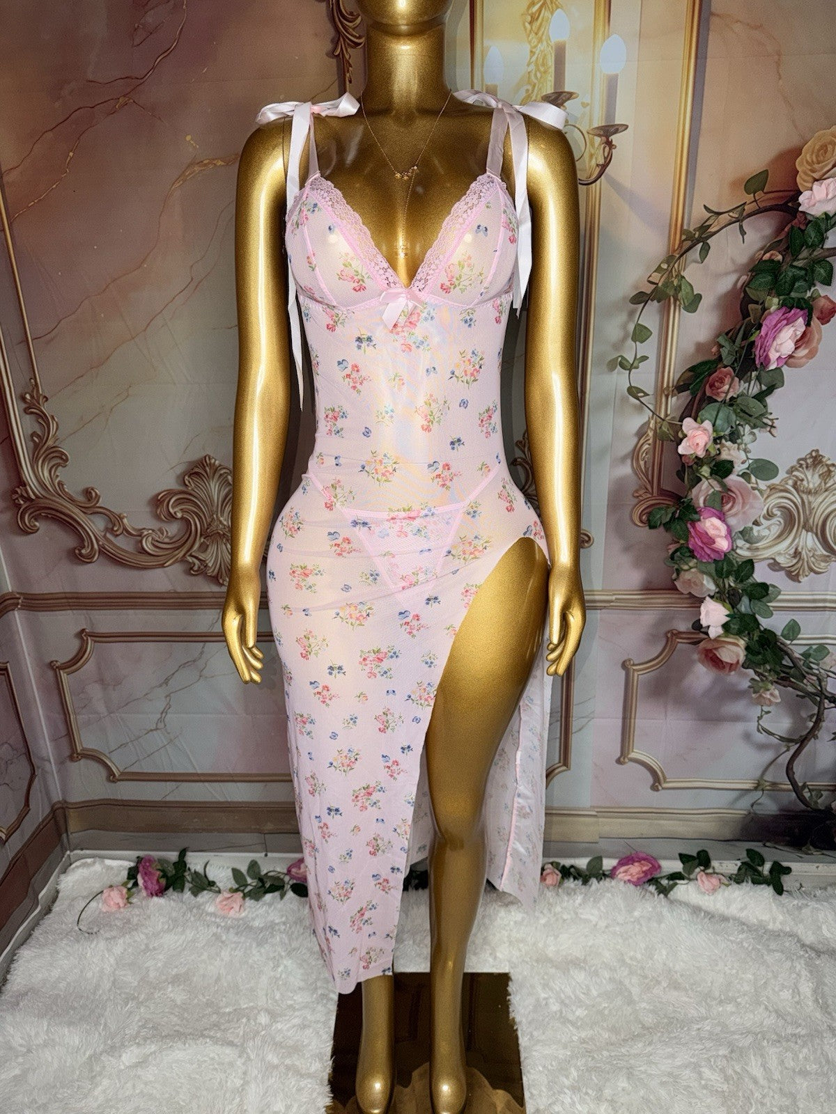 Blush Romance Floral Sheer Lace Gown & Matching Thong Set