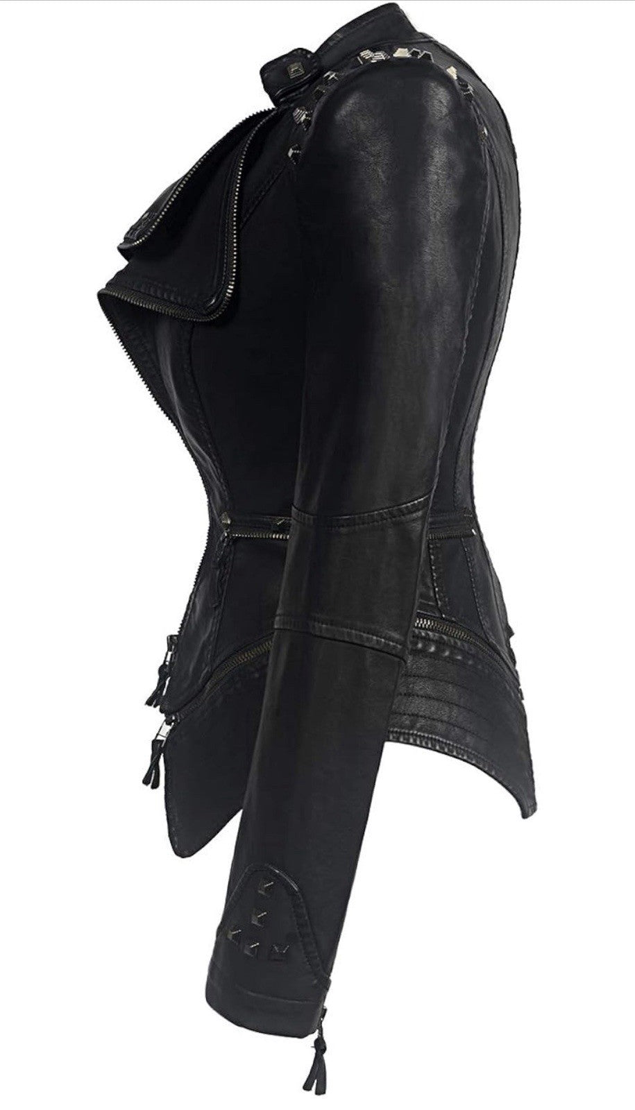 Women’s Black Studded Faux Leather Moto Jacket – Fitted Double-Zip Biker Jacket