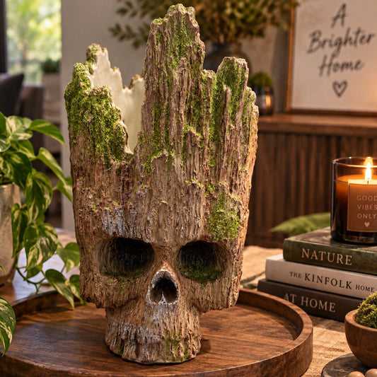 Skull Tree Stump Skull 3D Effect Brown/Green Moss Look for Plants