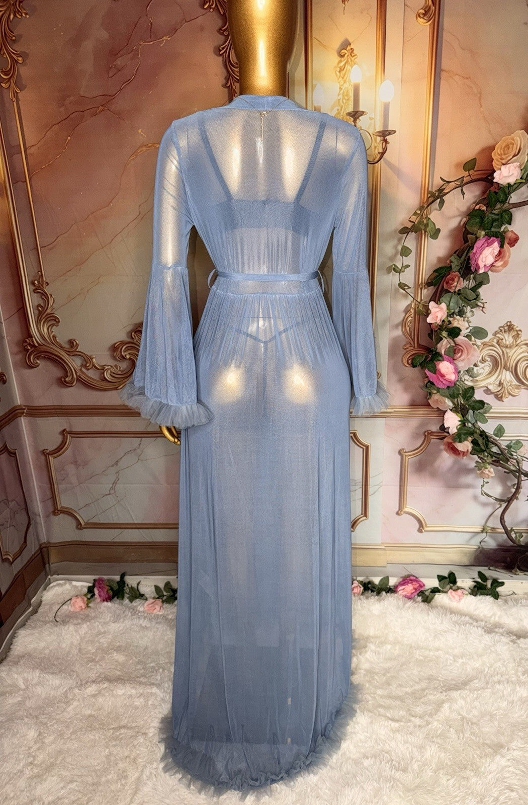 Women’s Blue Sheer Chiffon Kimono Robe V-Neck Tie Waist Ruffle Trim M