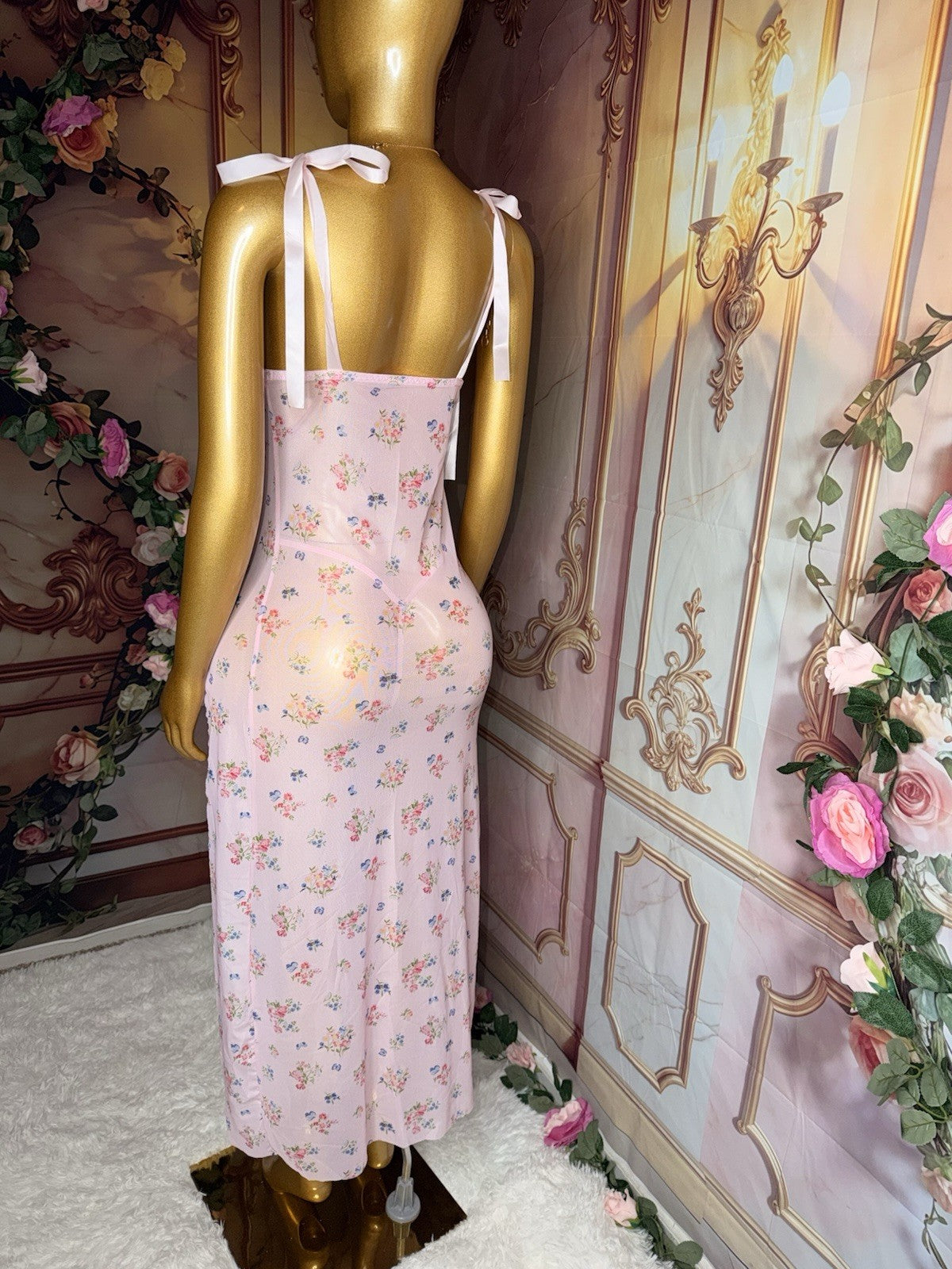 Blush Romance Floral Sheer Lace Gown & Matching Thong Set