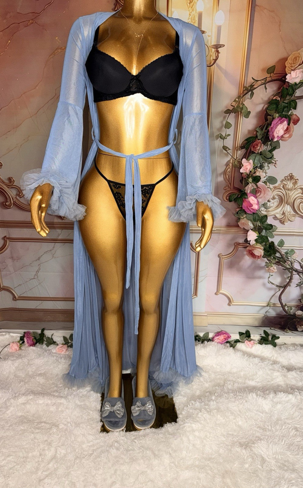 Romantic Powder Blue Sheer Maxi Robe (M) & Plush Bow Slippers(8) Set