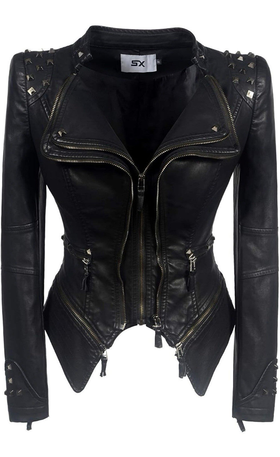 Women’s Black Studded Faux Leather Moto Jacket – Fitted Double-Zip Biker Jacket