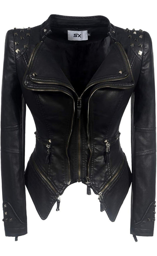 Women’s Black Studded Faux Leather Moto Jacket – Fitted Double-Zip Biker Jacket
