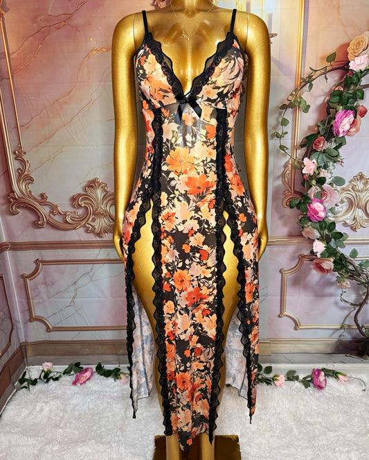 Midnight Bloom Black & Peach Floral Lace Double-Slit Gown