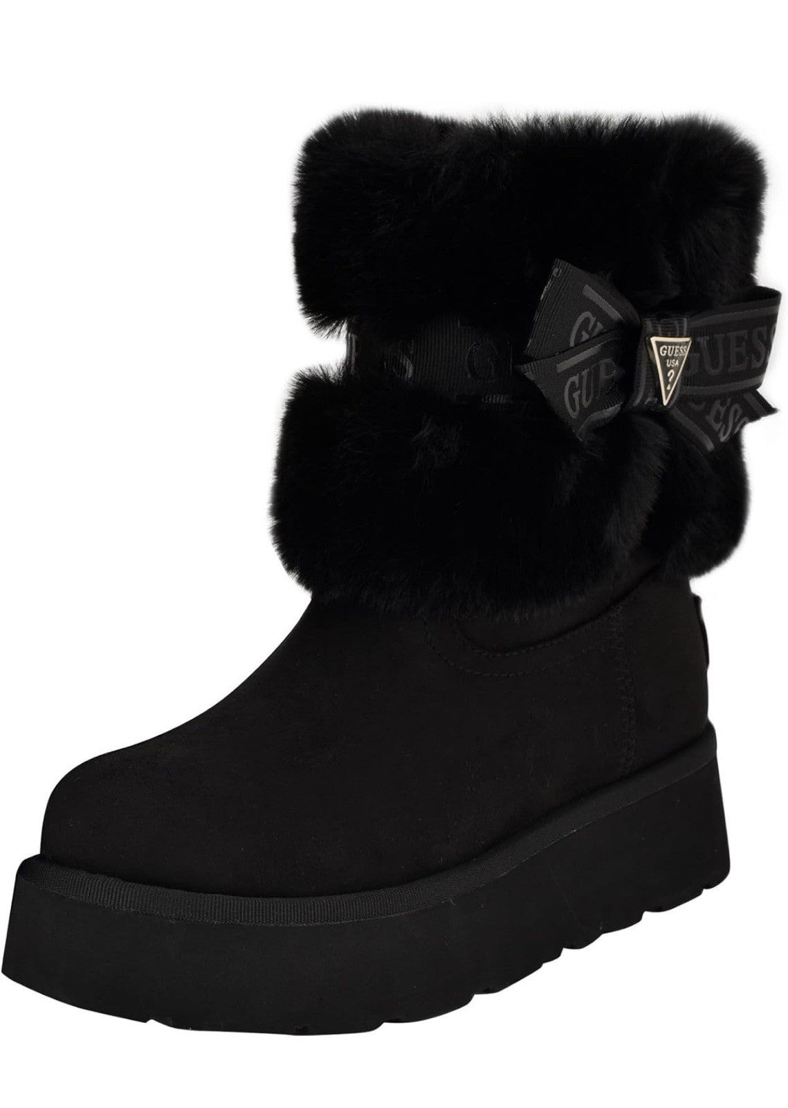 GUESS Black Ankle Bootie Faux Fur Trim Logo Bow Platform Round Toe Sz 8