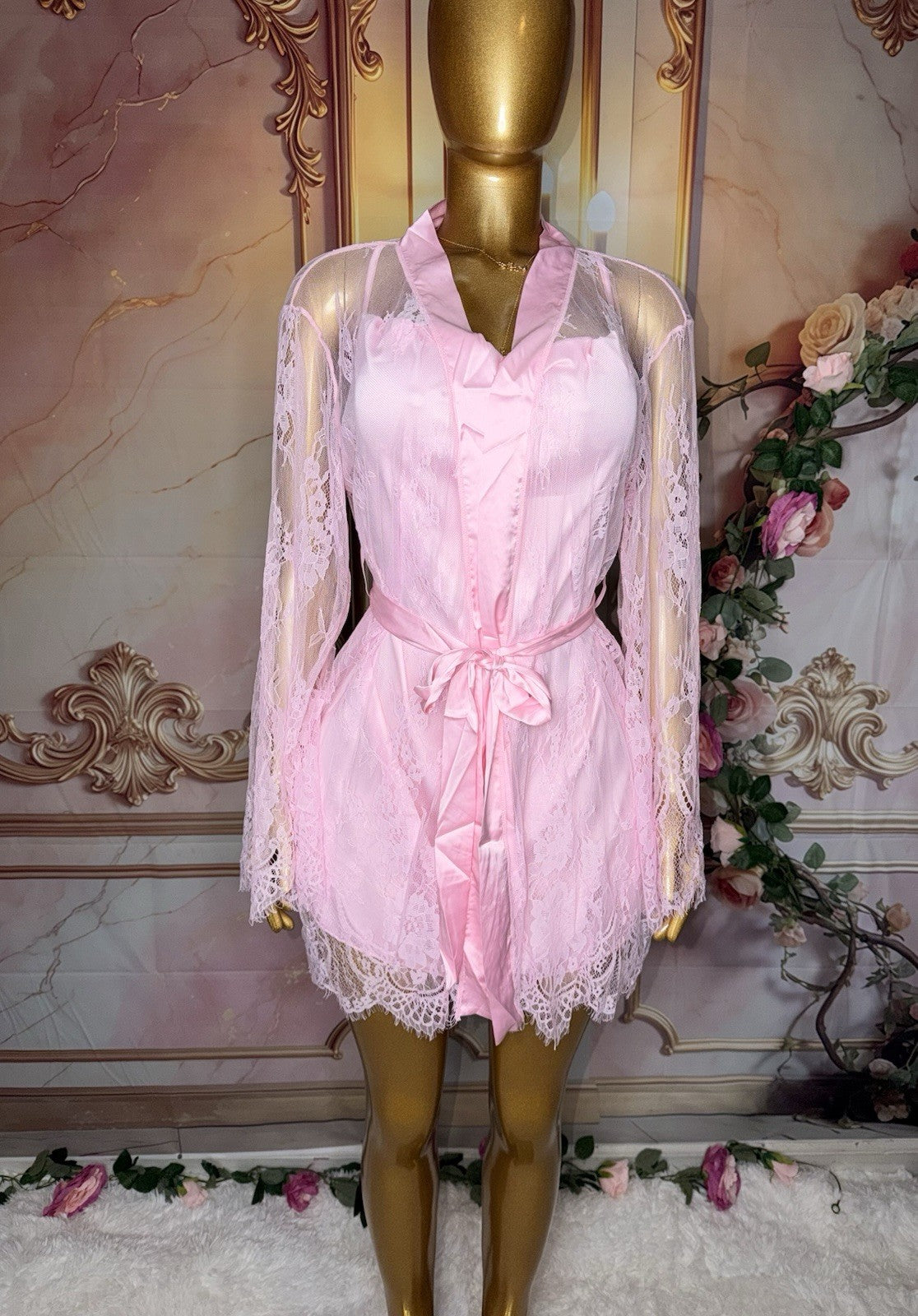 Blush Elegance Pink Satin Slip Gown & Sheer Floral Lace Robe Set