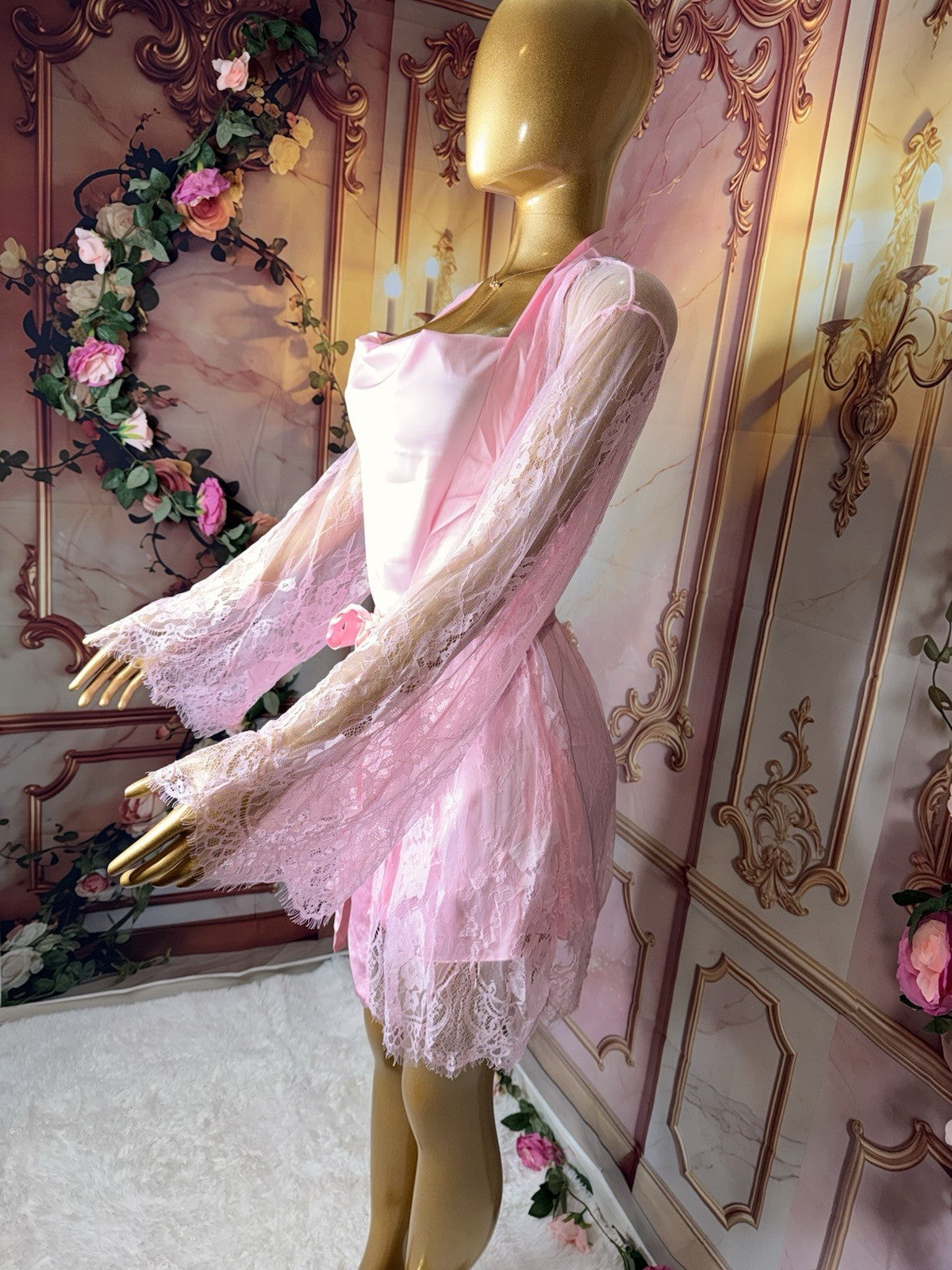 Blush Elegance Pink Satin Slip Gown & Sheer Floral Lace Robe Set